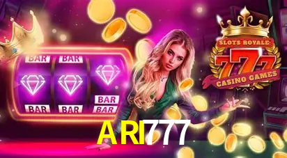 Escena dinámica inspirada en casino con iluminación ARI777, cartas, fichas e íconos de juegos digitales en un espacio moderno de juegos.