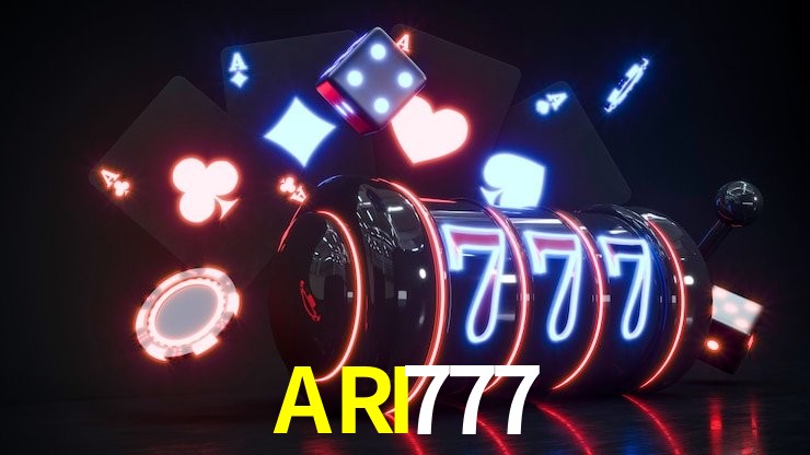 Una escena digital vívida inspirada en casino con ARI777 mostrado prominentemente, luces brillantes, fichas, cartas y acentos dorados.